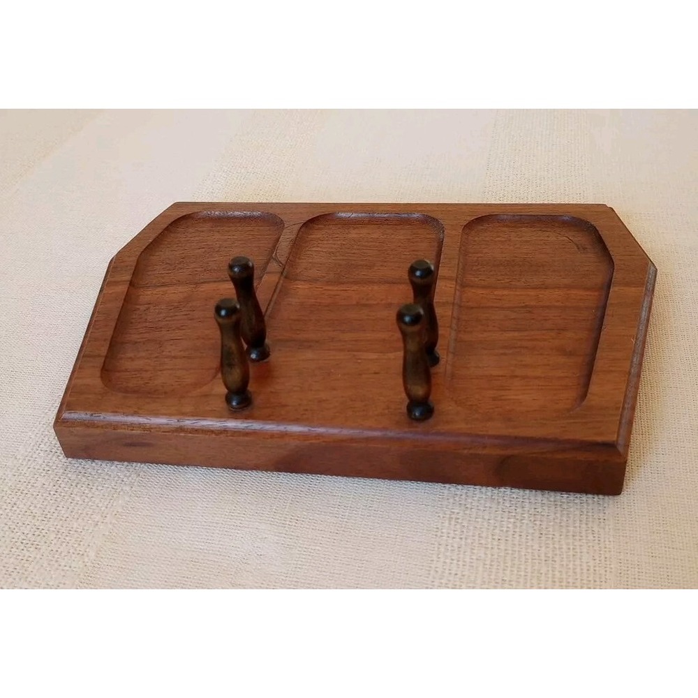 VTG American Walnut Bureau Top Valet 3 Shallow Resting Spots/4 Pegs 9" Long USA - Picture 3 of 14